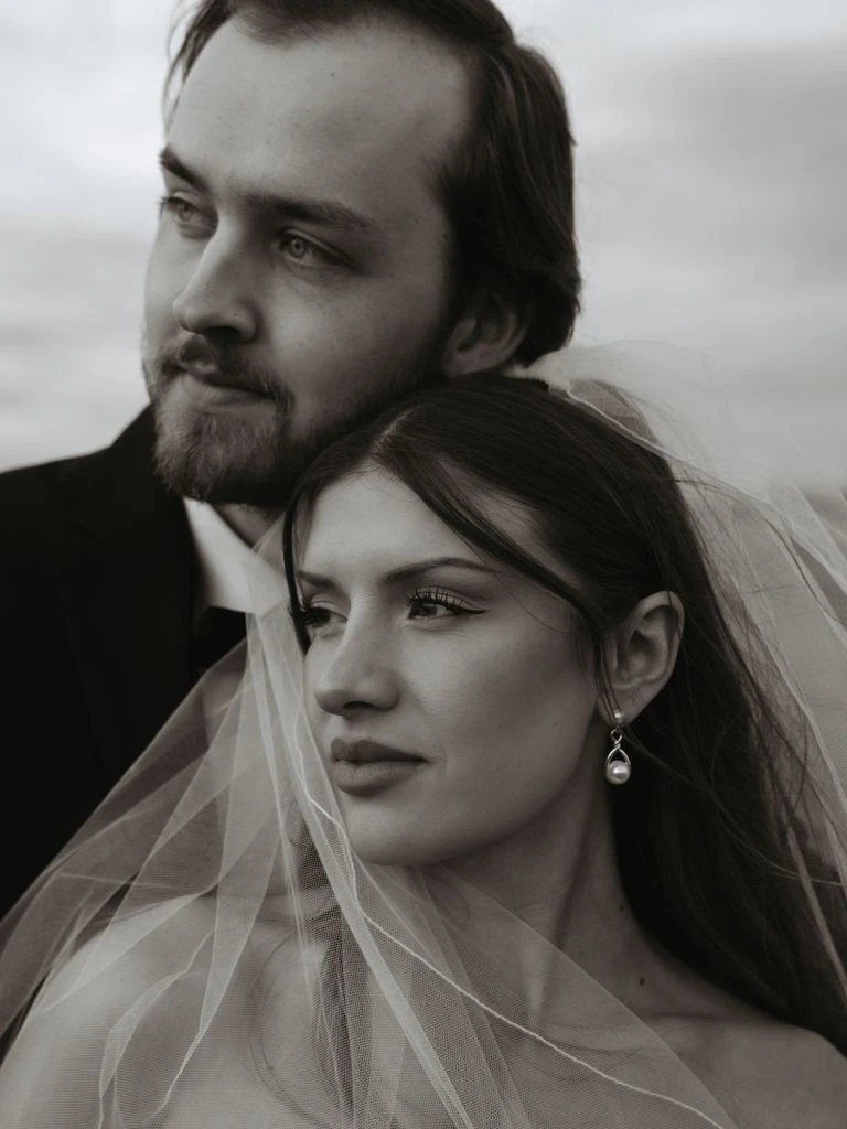 A wedding couple photographed at golden hour, a composite representation