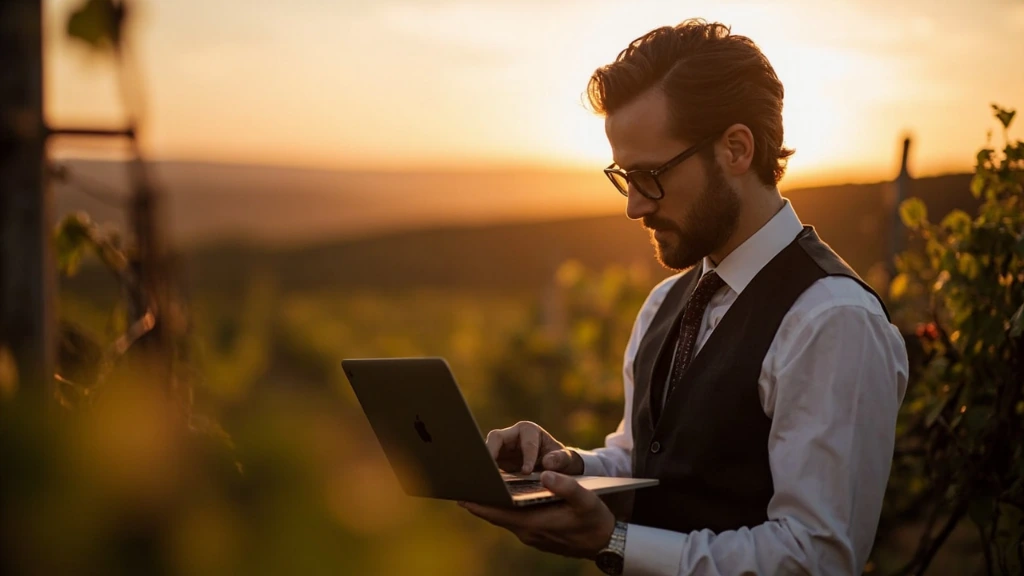 Photographer reviewing an editorial portfolio site on a laptop at golden hour.