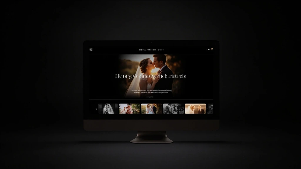 A dark editorial portfolio template preview on a desktop screen, anchored by a single large wedding photograph