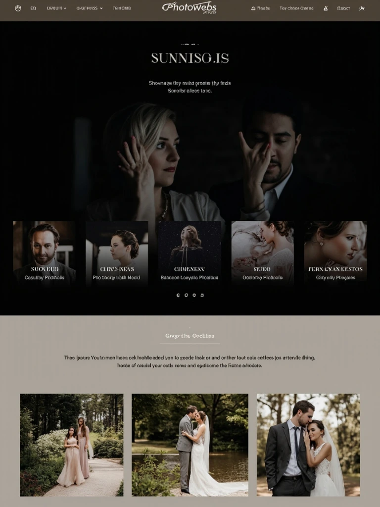 The Cascade wedding template — dark editorial layout with a bride portrait